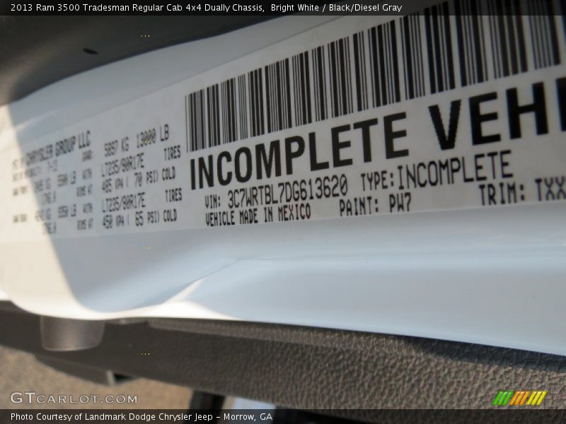 2013 3500 Tradesman Regular Cab 4x4 Dually Chassis Bright White Color Code PW7