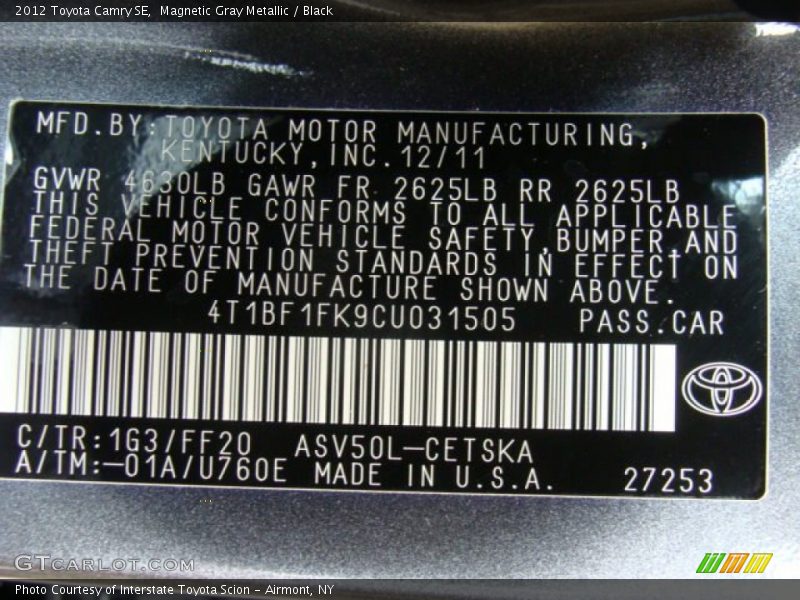 Magnetic Gray Metallic / Black 2012 Toyota Camry SE