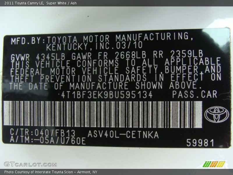 Super White / Ash 2011 Toyota Camry LE