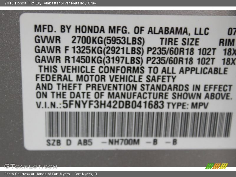 Alabaster Silver Metallic / Gray 2013 Honda Pilot EX