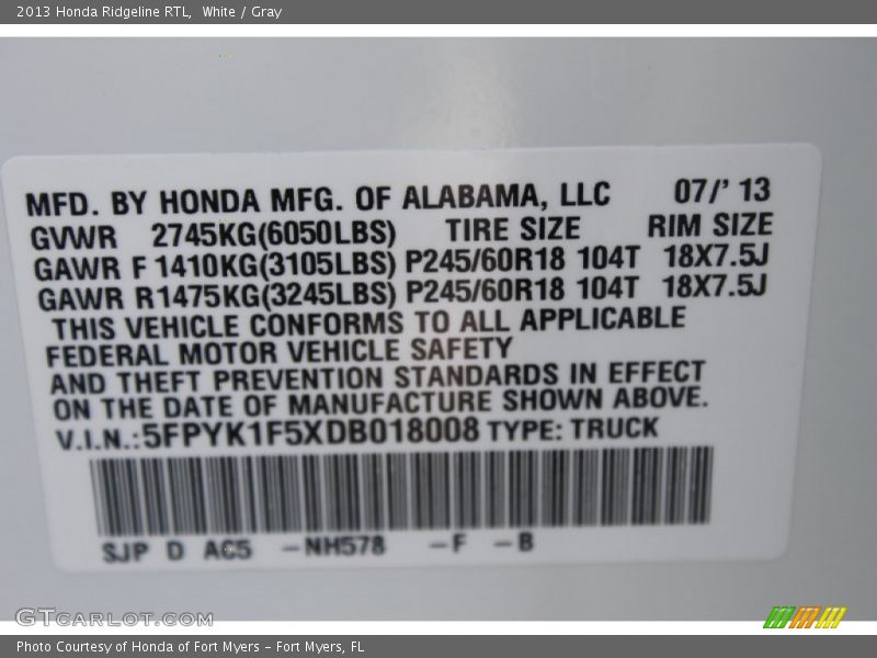 White / Gray 2013 Honda Ridgeline RTL
