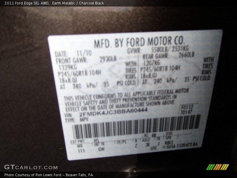 Earth Metallic / Charcoal Black 2011 Ford Edge SEL AWD