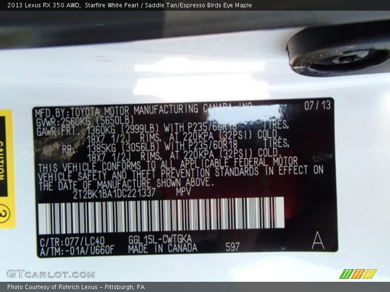 Starfire White Pearl / Saddle Tan/Espresso Birds Eye Maple 2013 Lexus RX 350 AWD