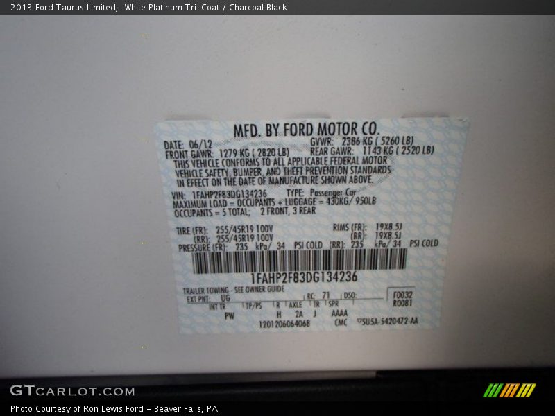 White Platinum Tri-Coat / Charcoal Black 2013 Ford Taurus Limited