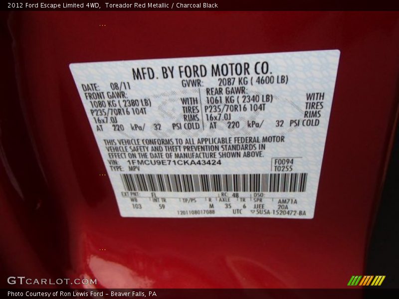 Toreador Red Metallic / Charcoal Black 2012 Ford Escape Limited 4WD