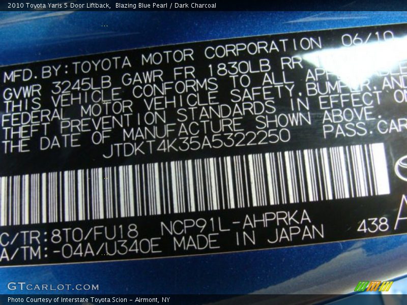 Blazing Blue Pearl / Dark Charcoal 2010 Toyota Yaris 5 Door Liftback