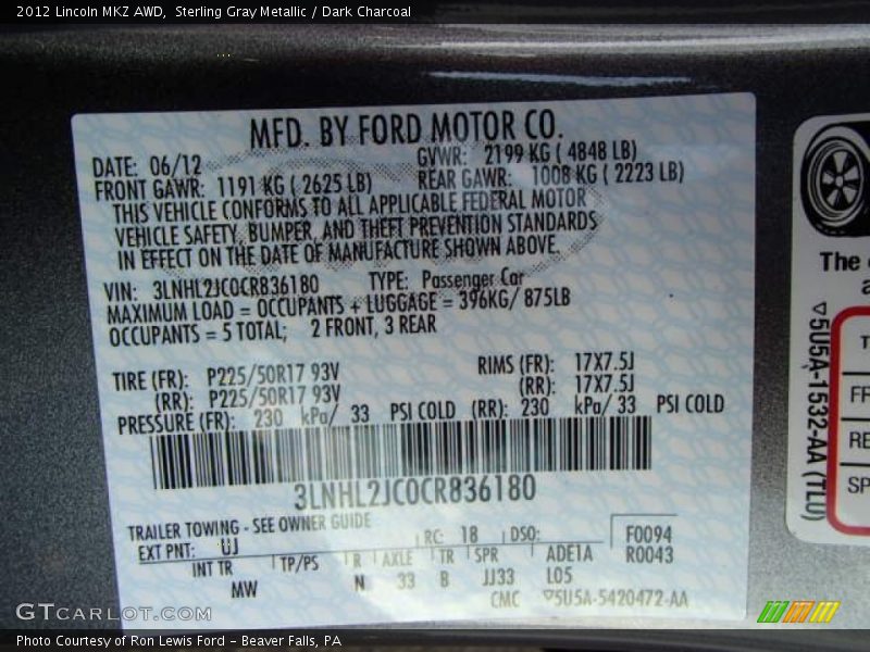 Sterling Gray Metallic / Dark Charcoal 2012 Lincoln MKZ AWD