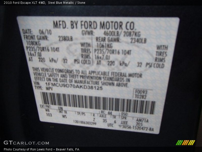 Steel Blue Metallic / Stone 2010 Ford Escape XLT 4WD