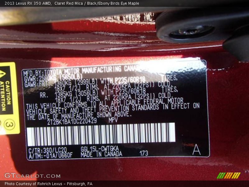 Claret Red Mica / Black/Ebony Birds Eye Maple 2013 Lexus RX 350 AWD