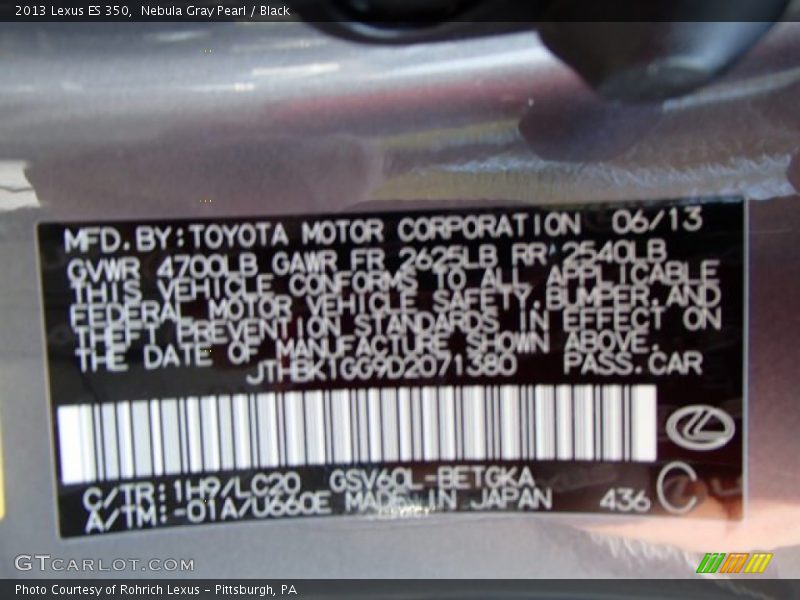 Nebula Gray Pearl / Black 2013 Lexus ES 350