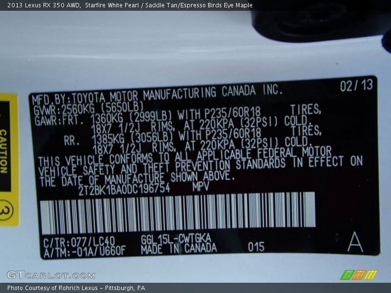 Starfire White Pearl / Saddle Tan/Espresso Birds Eye Maple 2013 Lexus RX 350 AWD