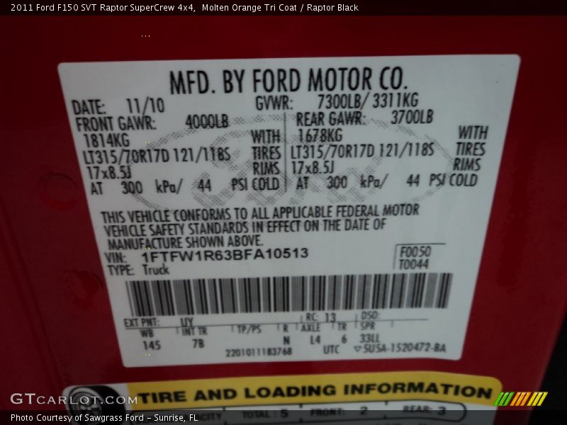 2011 F150 SVT Raptor SuperCrew 4x4 Molten Orange Tri Coat Color Code UY