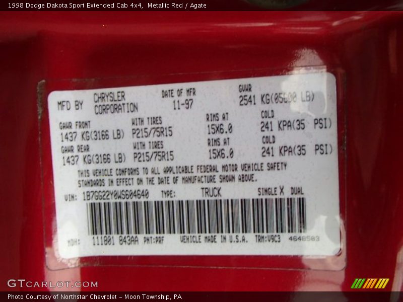 1998 Dakota Sport Extended Cab 4x4 Metallic Red Color Code PRF