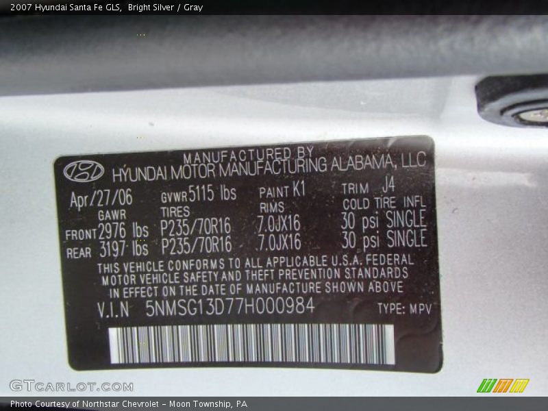 Bright Silver / Gray 2007 Hyundai Santa Fe GLS