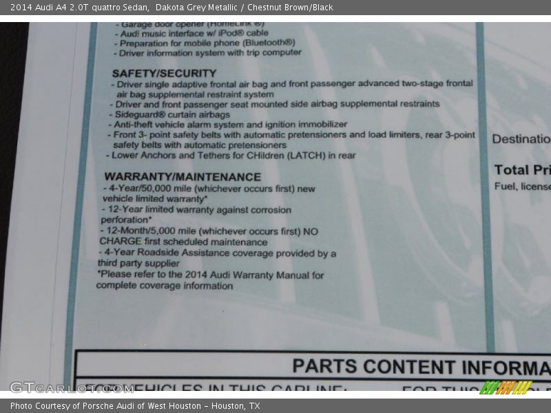  2014 A4 2.0T quattro Sedan Window Sticker