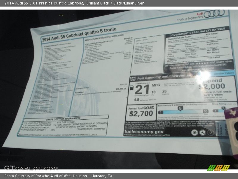  2014 S5 3.0T Prestige quattro Cabriolet Window Sticker