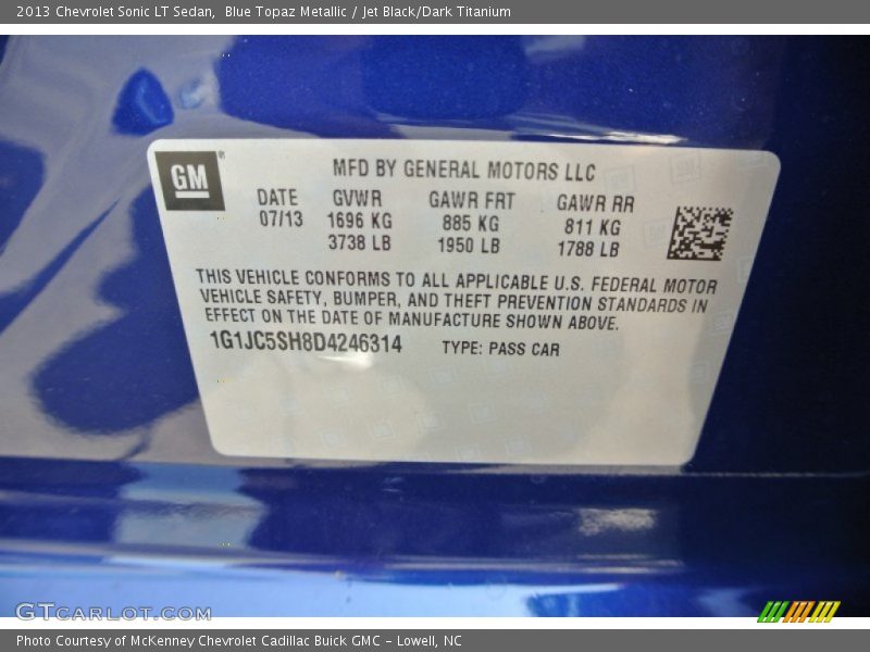 Blue Topaz Metallic / Jet Black/Dark Titanium 2013 Chevrolet Sonic LT Sedan