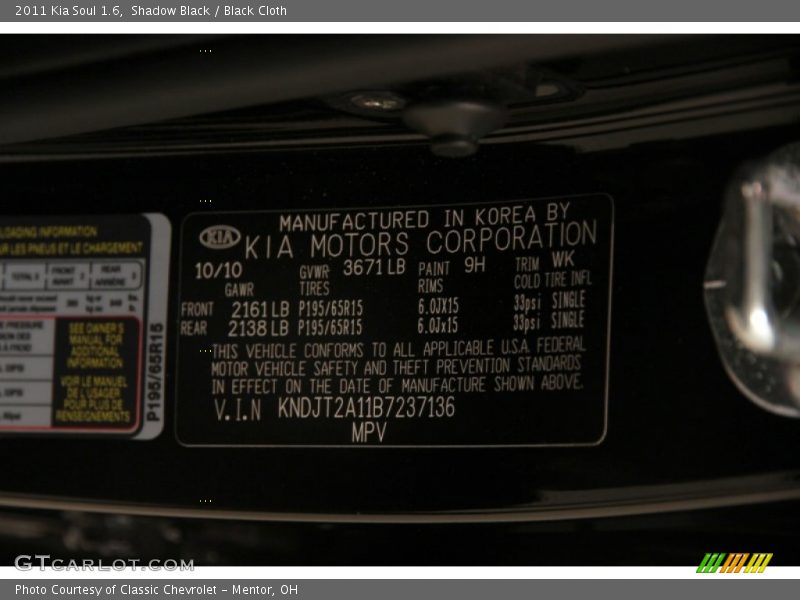 Shadow Black / Black Cloth 2011 Kia Soul 1.6