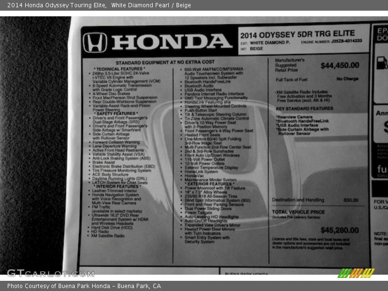 White Diamond Pearl / Beige 2014 Honda Odyssey Touring Elite