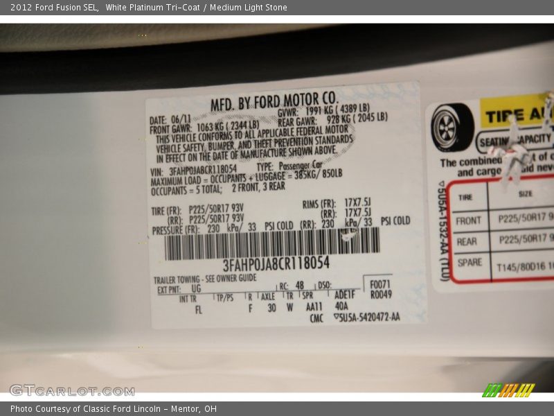 White Platinum Tri-Coat / Medium Light Stone 2012 Ford Fusion SEL