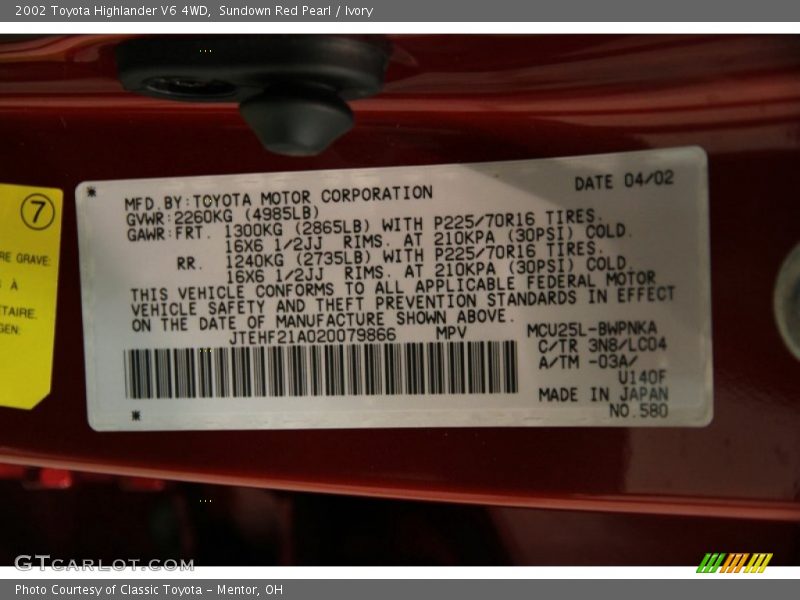 Sundown Red Pearl / Ivory 2002 Toyota Highlander V6 4WD