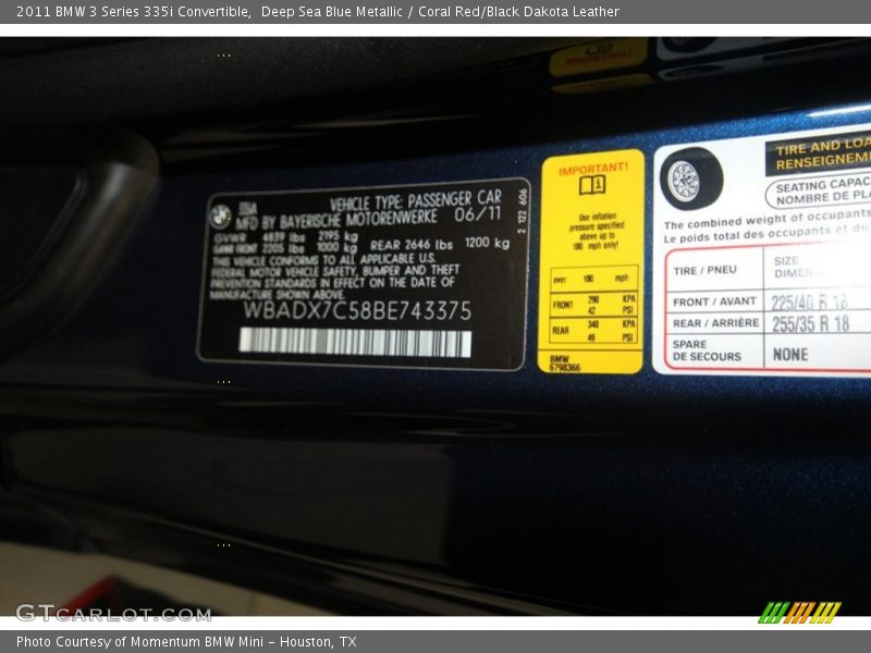 Deep Sea Blue Metallic / Coral Red/Black Dakota Leather 2011 BMW 3 Series 335i Convertible