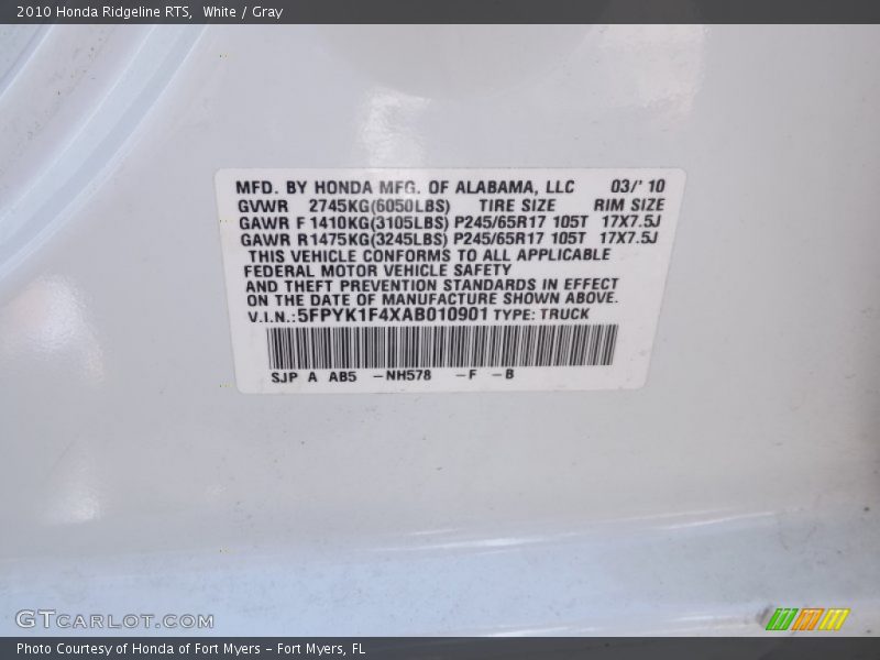 White / Gray 2010 Honda Ridgeline RTS