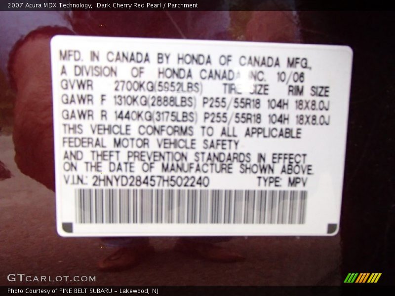 Dark Cherry Red Pearl / Parchment 2007 Acura MDX Technology