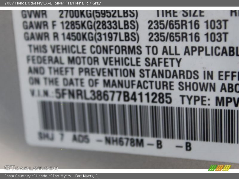 Silver Pearl Metallic / Gray 2007 Honda Odyssey EX-L