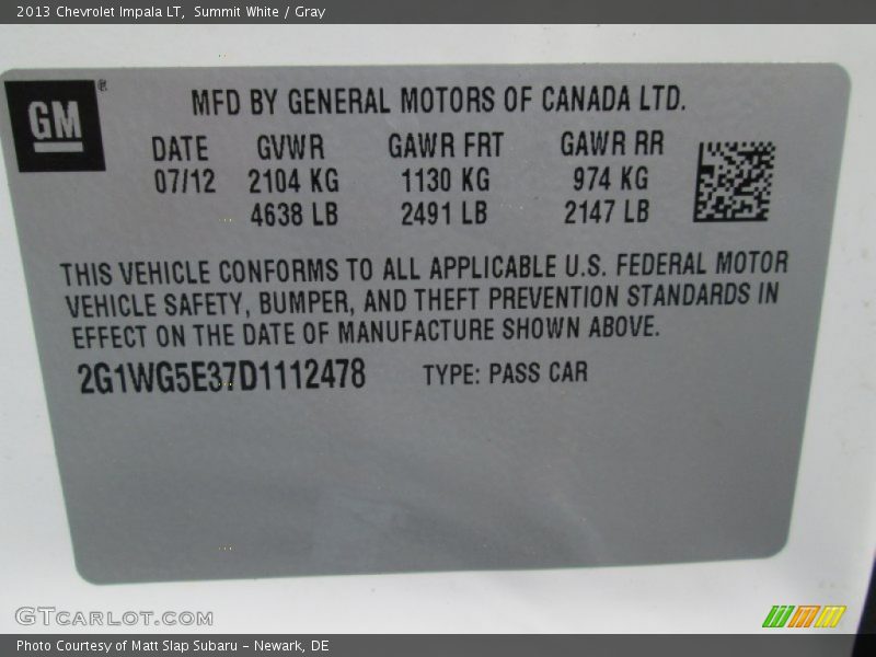 Summit White / Gray 2013 Chevrolet Impala LT