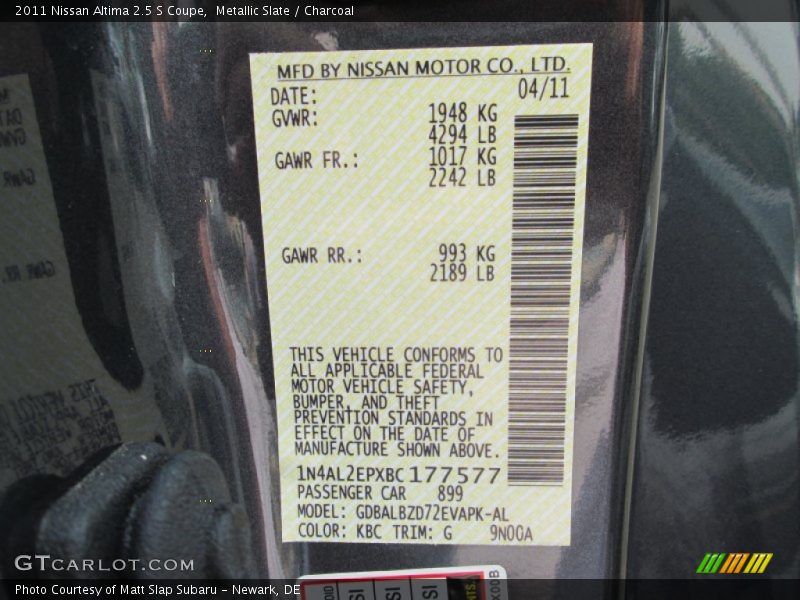 Metallic Slate / Charcoal 2011 Nissan Altima 2.5 S Coupe