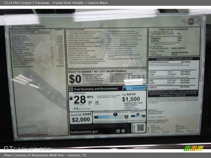  2014 Cooper S Paceman Window Sticker