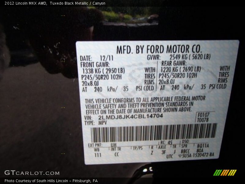 2012 MKX AWD Tuxedo Black Metallic Color Code UH