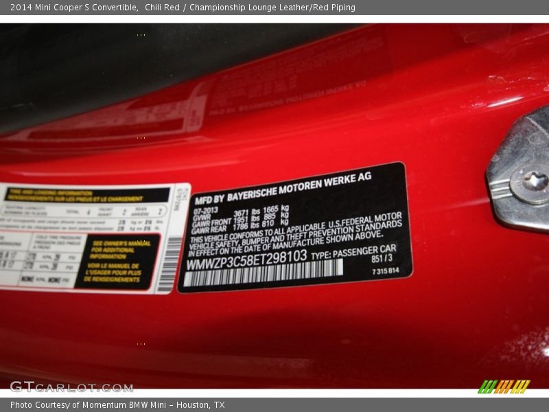 2014 Cooper S Convertible Chili Red Color Code 851