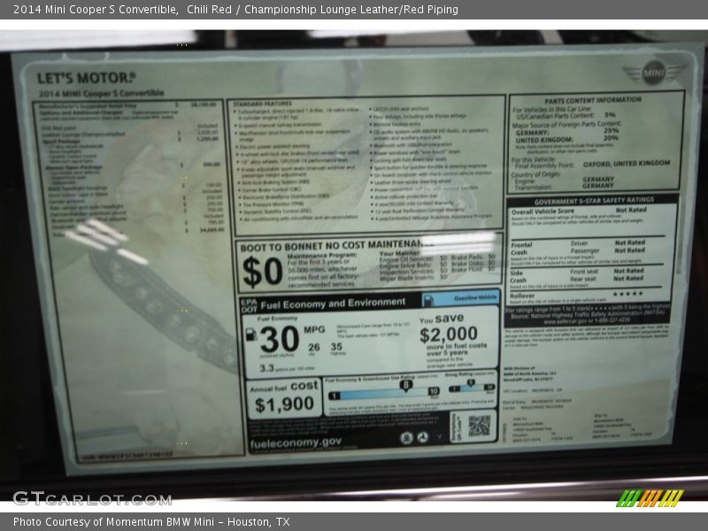  2014 Cooper S Convertible Window Sticker
