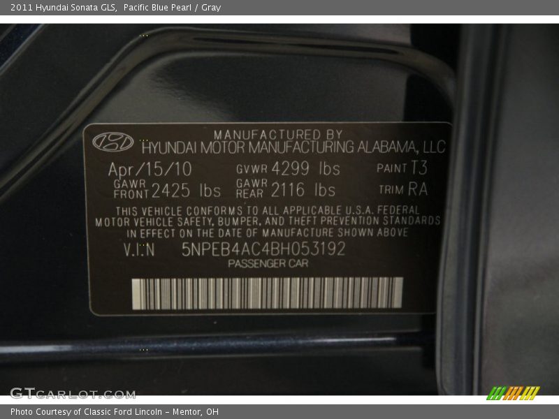 Pacific Blue Pearl / Gray 2011 Hyundai Sonata GLS