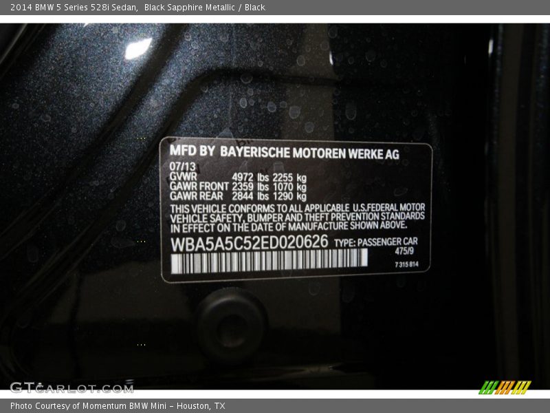 2014 5 Series 528i Sedan Black Sapphire Metallic Color Code 475