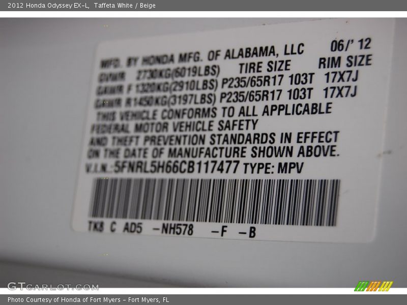Taffeta White / Beige 2012 Honda Odyssey EX-L