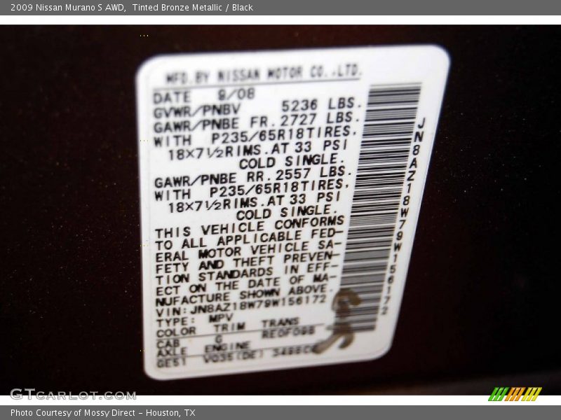 Tinted Bronze Metallic / Black 2009 Nissan Murano S AWD