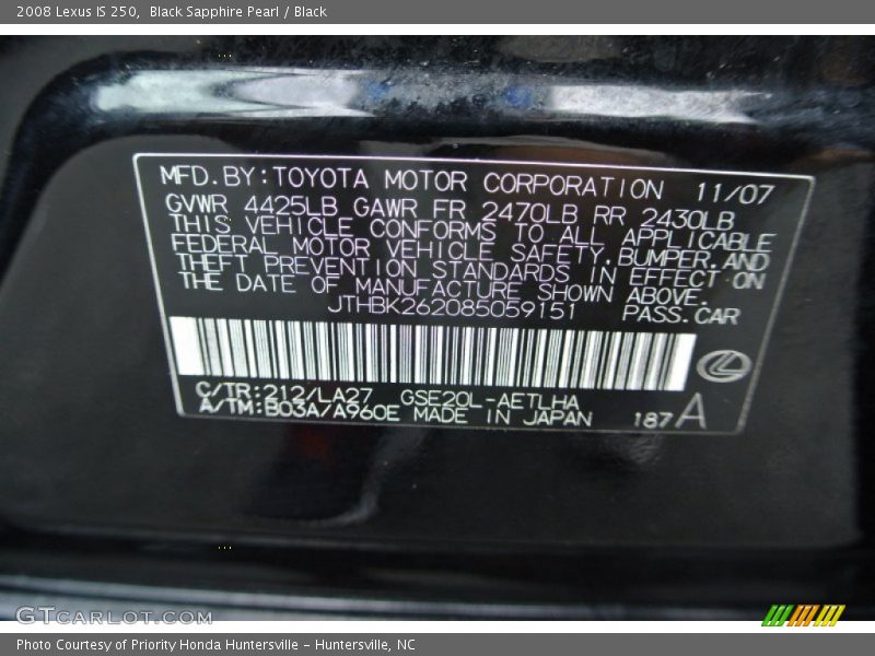 Black Sapphire Pearl / Black 2008 Lexus IS 250