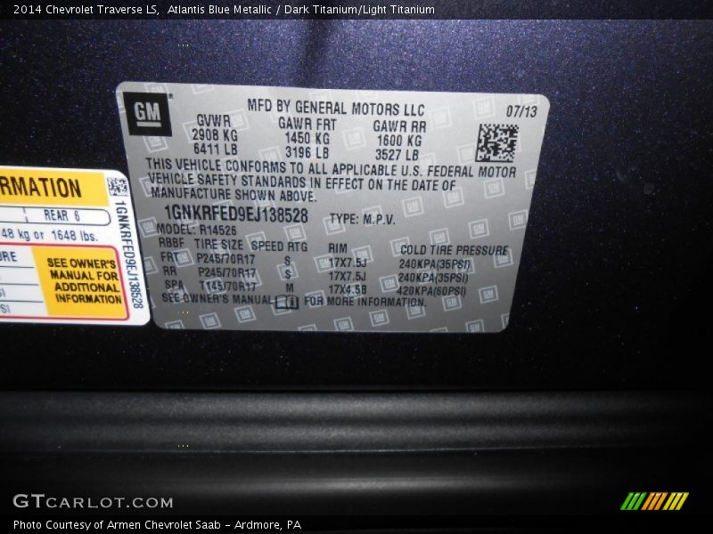 Atlantis Blue Metallic / Dark Titanium/Light Titanium 2014 Chevrolet Traverse LS