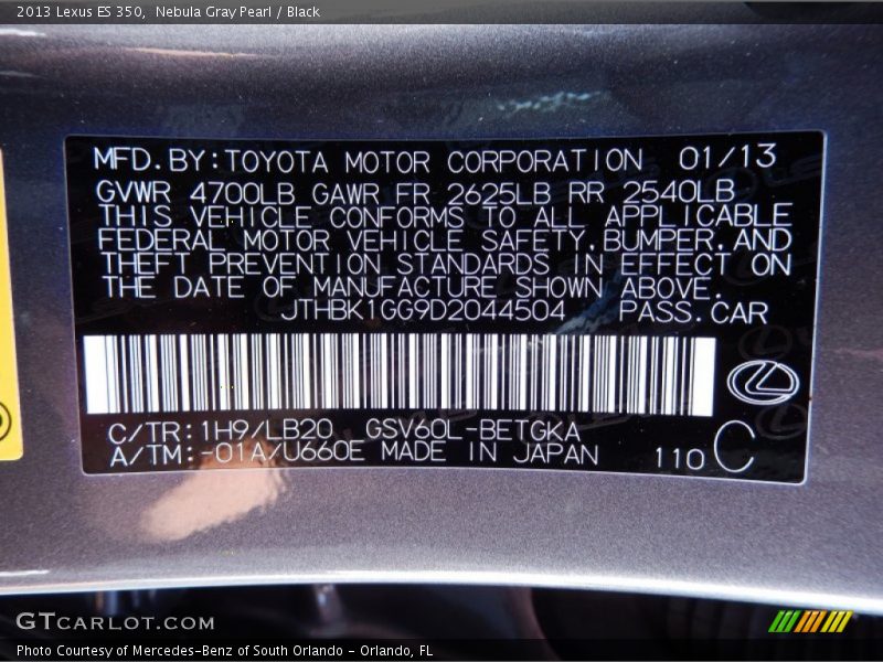 2013 ES 350 Nebula Gray Pearl Color Code 1H9