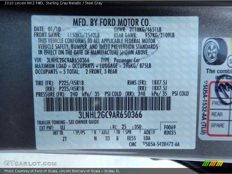 Sterling Gray Metallic / Steel Gray 2010 Lincoln MKZ FWD