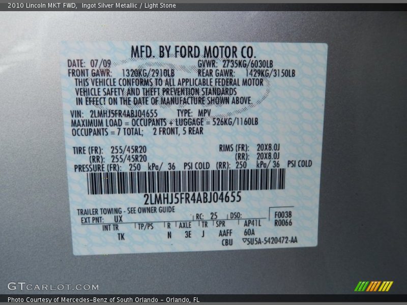 Ingot Silver Metallic / Light Stone 2010 Lincoln MKT FWD