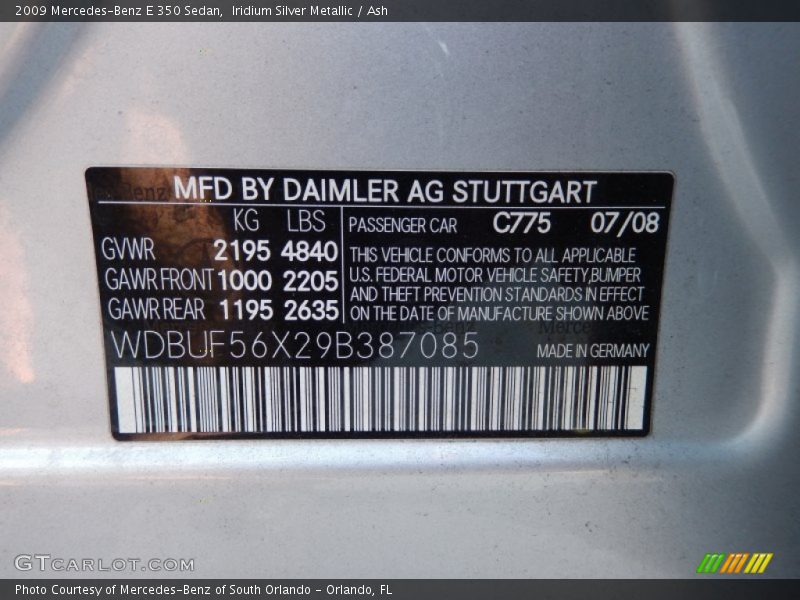 Iridium Silver Metallic / Ash 2009 Mercedes-Benz E 350 Sedan