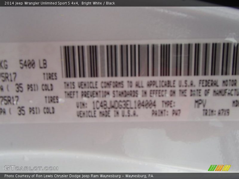 2014 Wrangler Unlimited Sport S 4x4 Bright White Color Code PW7