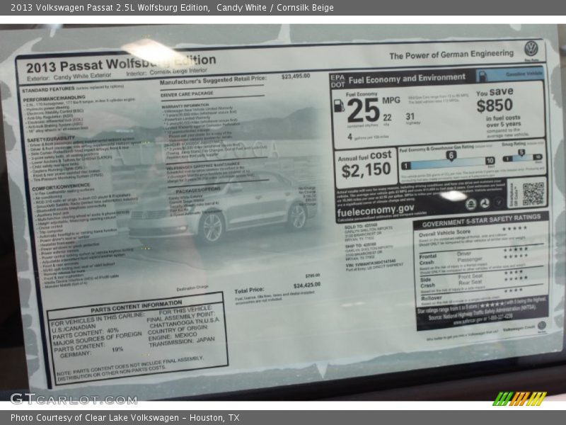 Candy White / Cornsilk Beige 2013 Volkswagen Passat 2.5L Wolfsburg Edition