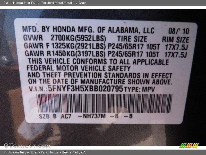 Polished Metal Metallic / Gray 2011 Honda Pilot EX-L