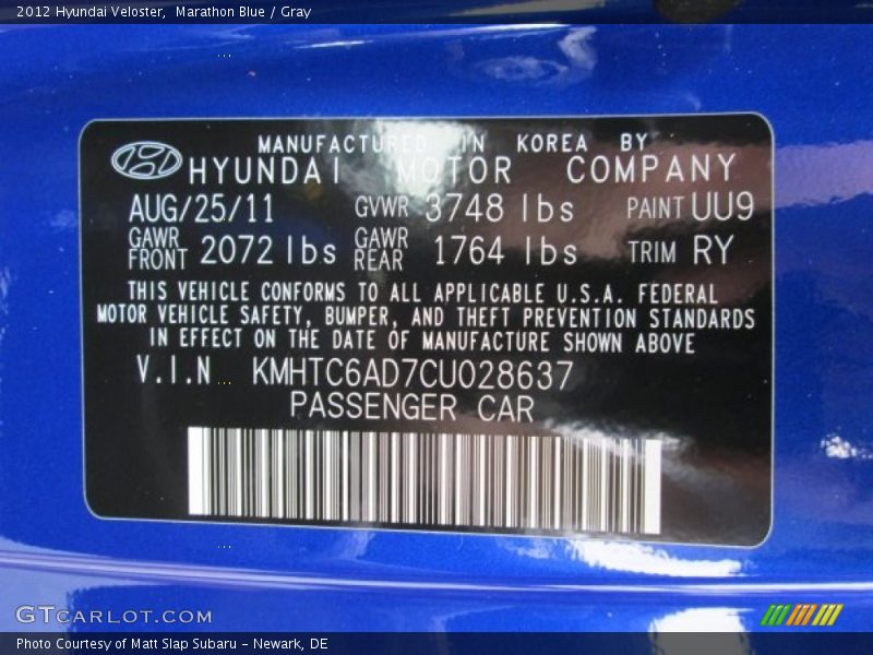 Marathon Blue / Gray 2012 Hyundai Veloster