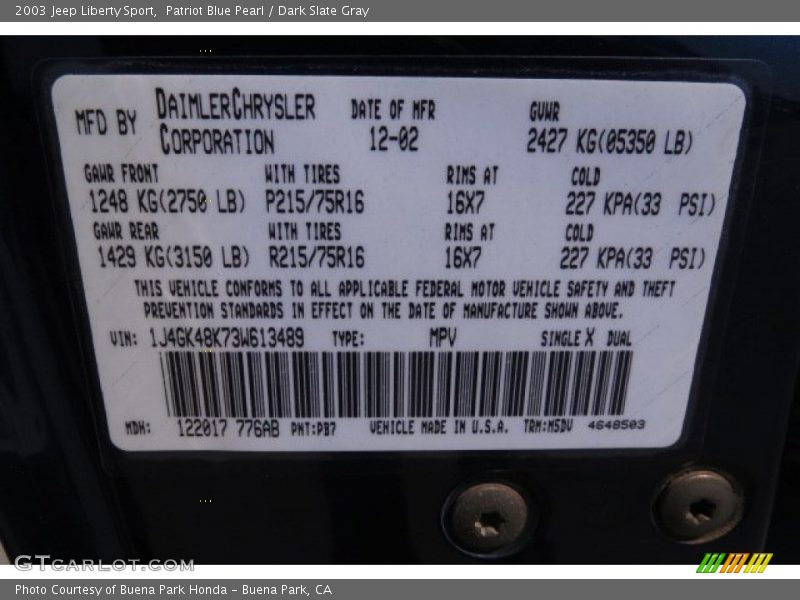 Patriot Blue Pearl / Dark Slate Gray 2003 Jeep Liberty Sport